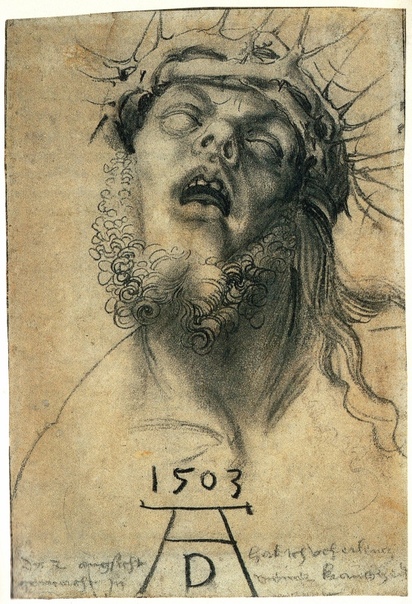 « одного шедевра». «Автопортрет в образе мертвого Христа», Альбрехт Дюрер 1503г. Рисунок Дюрера с запрокинутой головой мёртвого Иисуса некоторые небезосновательно считают автопортетом.